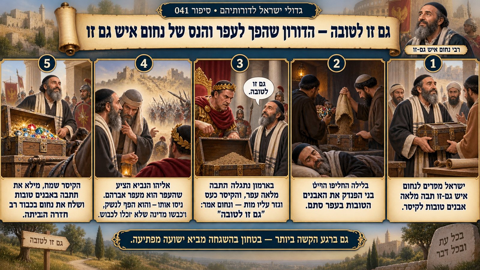 תמונת סיכום — רבי נחום איש גם-זו: גם זו לטובה — הדורון שהפך לעפר והנס של נחום איש גם זו